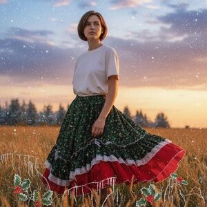 Handmade festive Floral Green Skirt with Red Hem